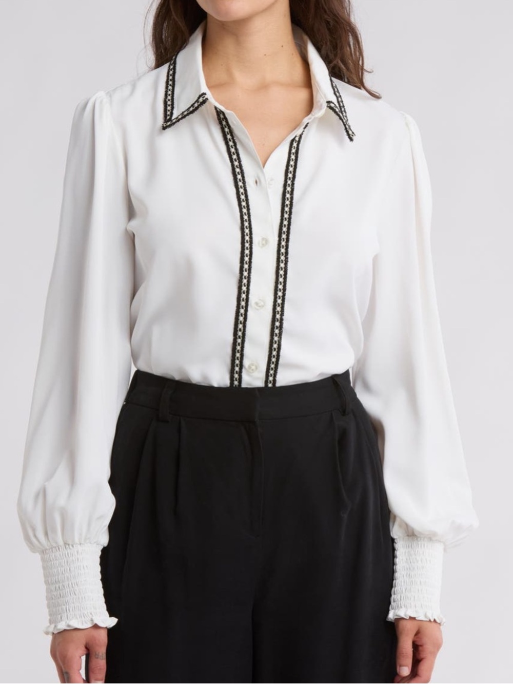 Laundry By Shelli Segal White Button-Down Blouse with Black boucle Trim